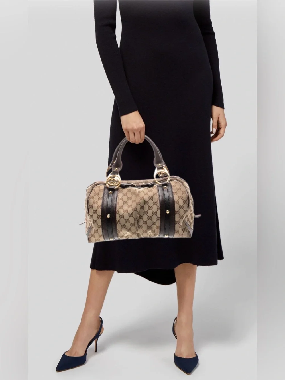 Gucci Beige GG Supreme Boston Bag with Leather Trim
